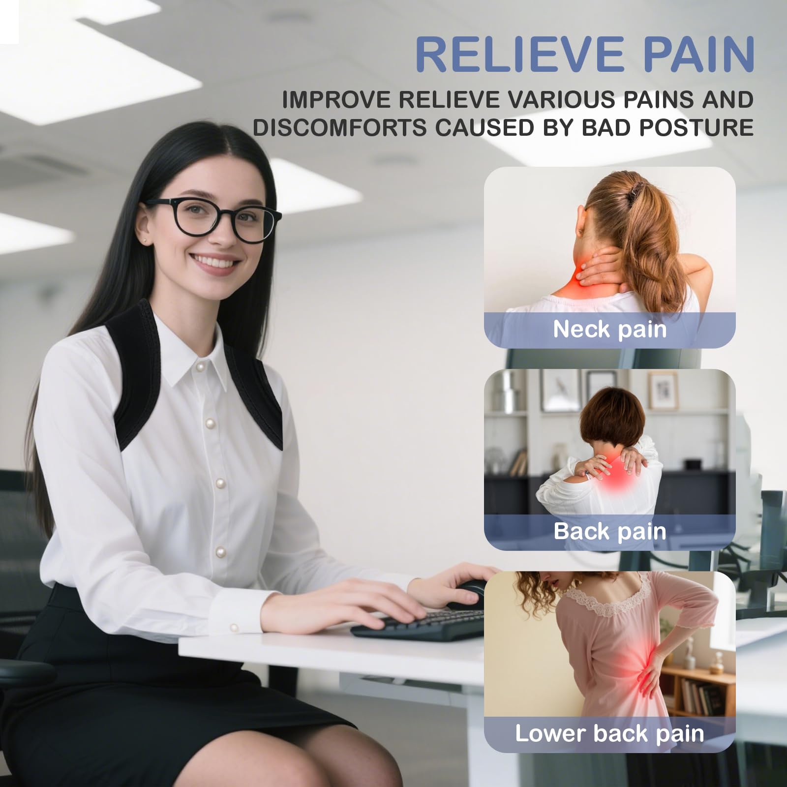 Posturace neck-shoulder support relieves tension during long days.