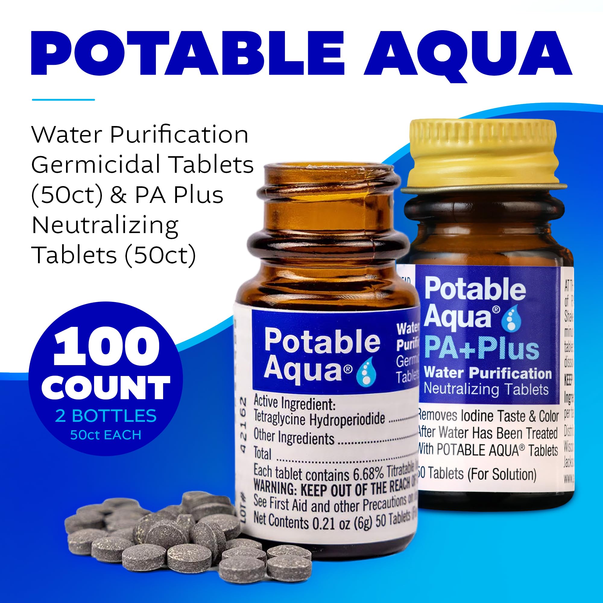 Potable Aqua PA Plus tablets closeup emphasizing taste and color neutralization.