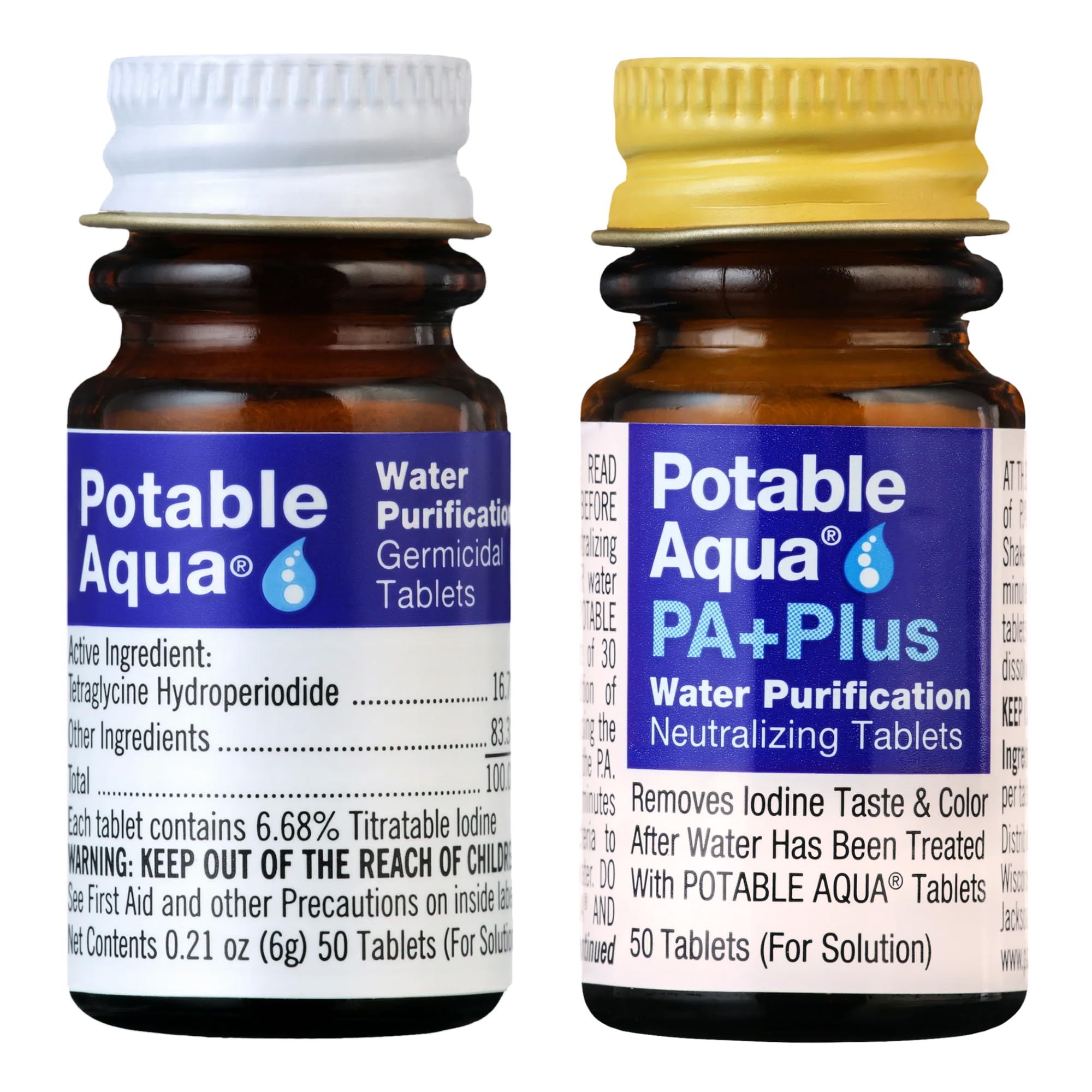Potable Aqua two-bottle kit showing purification and PA Plus tablets for emergencies.