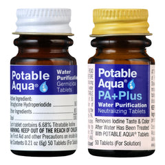 Potable Aqua two-bottle kit showing purification and PA Plus tablets for emergencies.