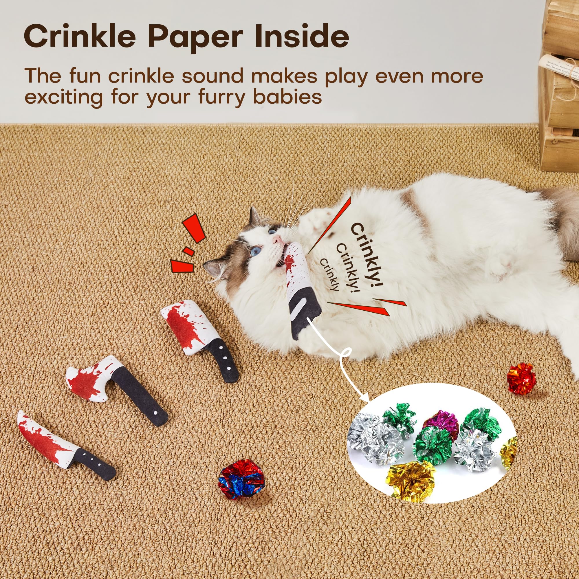 Potaroma knife toy with crinkle interior creates enticing sounds during solo or shared play.