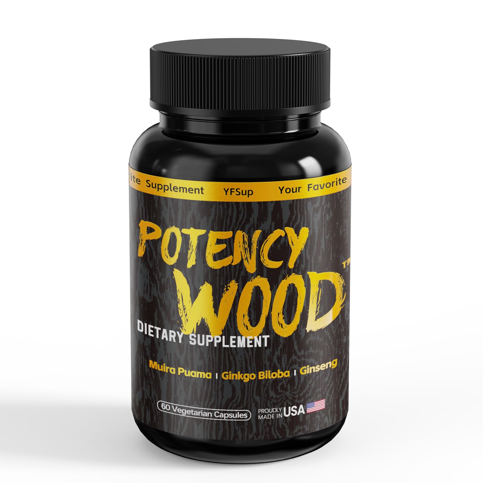 Potency Wood bottle and label highlight energy and immune support benefits.