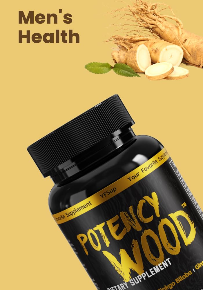 Potency Wood ingredients blend featuring ginseng and ashwagandha for vitality.