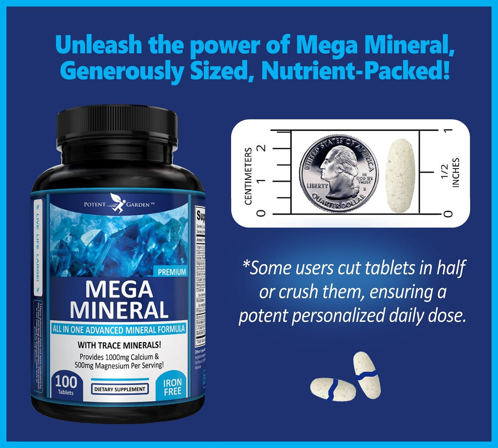 Potent Garden Mega Minerals label closeup highlights calcium, magnesium, and trace minerals.