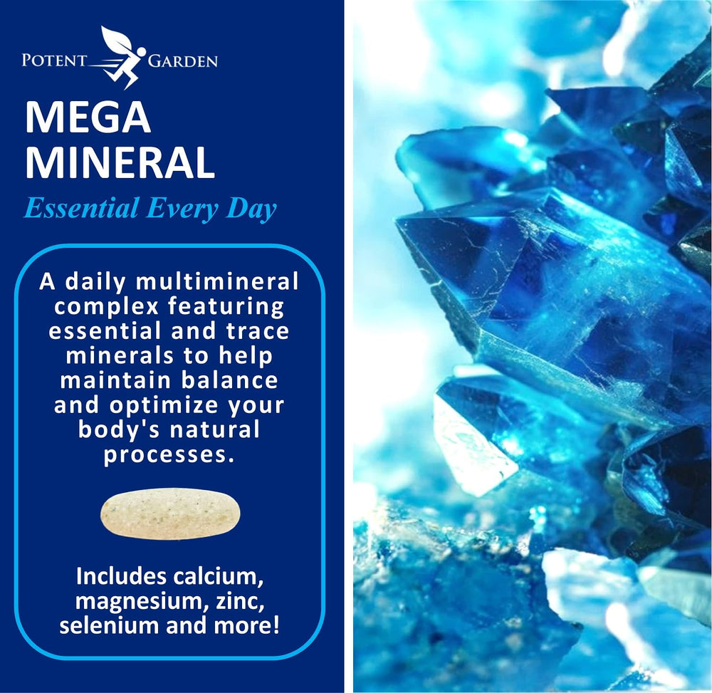 Potent Garden Mega Minerals capsules closeup showing premium mineral blend for daily nutrition.