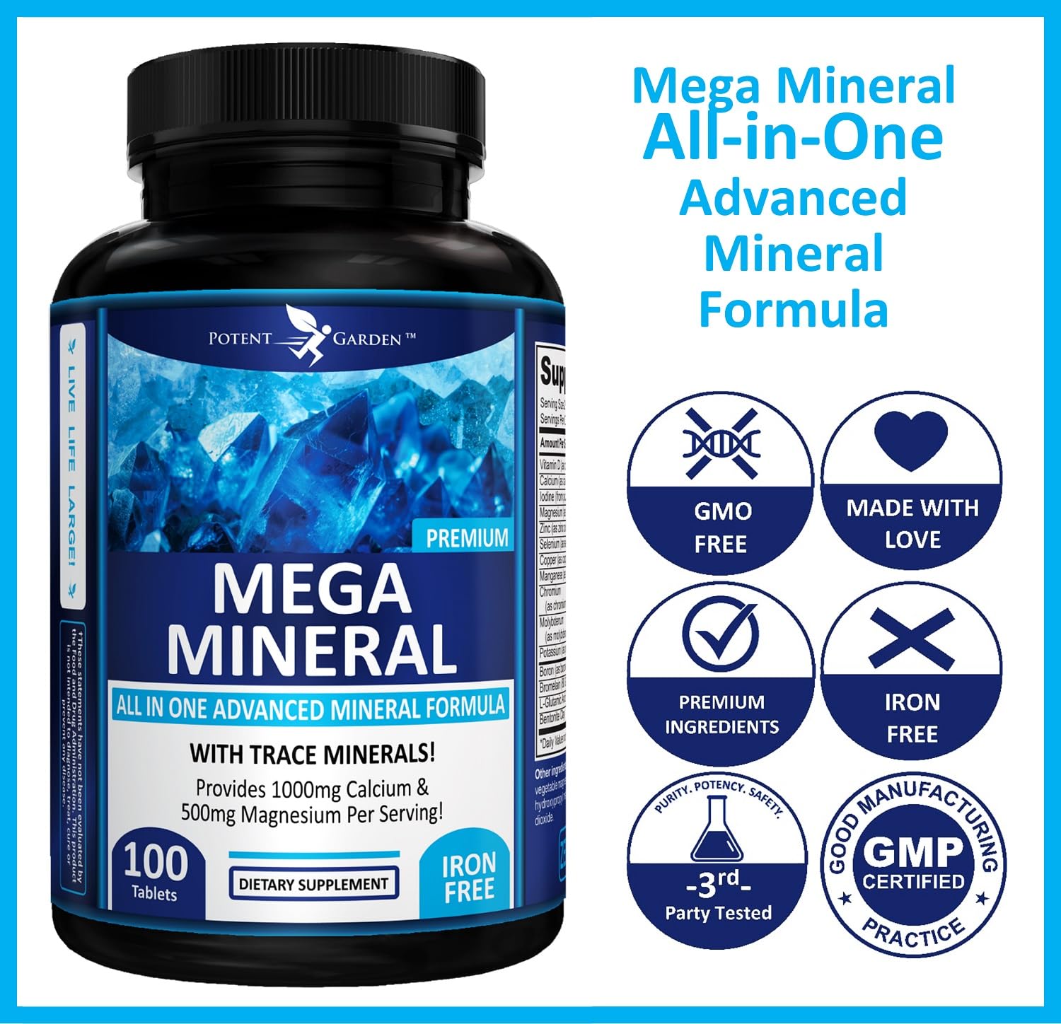 Potent Garden Mega Minerals tablet and bottle illustrate convenient daily dosage.