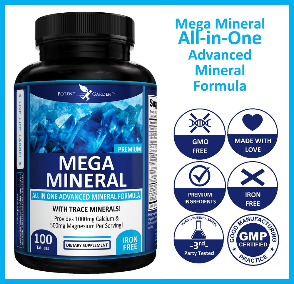 Potent Garden Mega Minerals tablet and bottle illustrate convenient daily dosage.