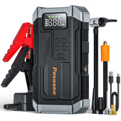 Povasee 5000A jump starter with air compressor and LCD display for quick vehicle starts