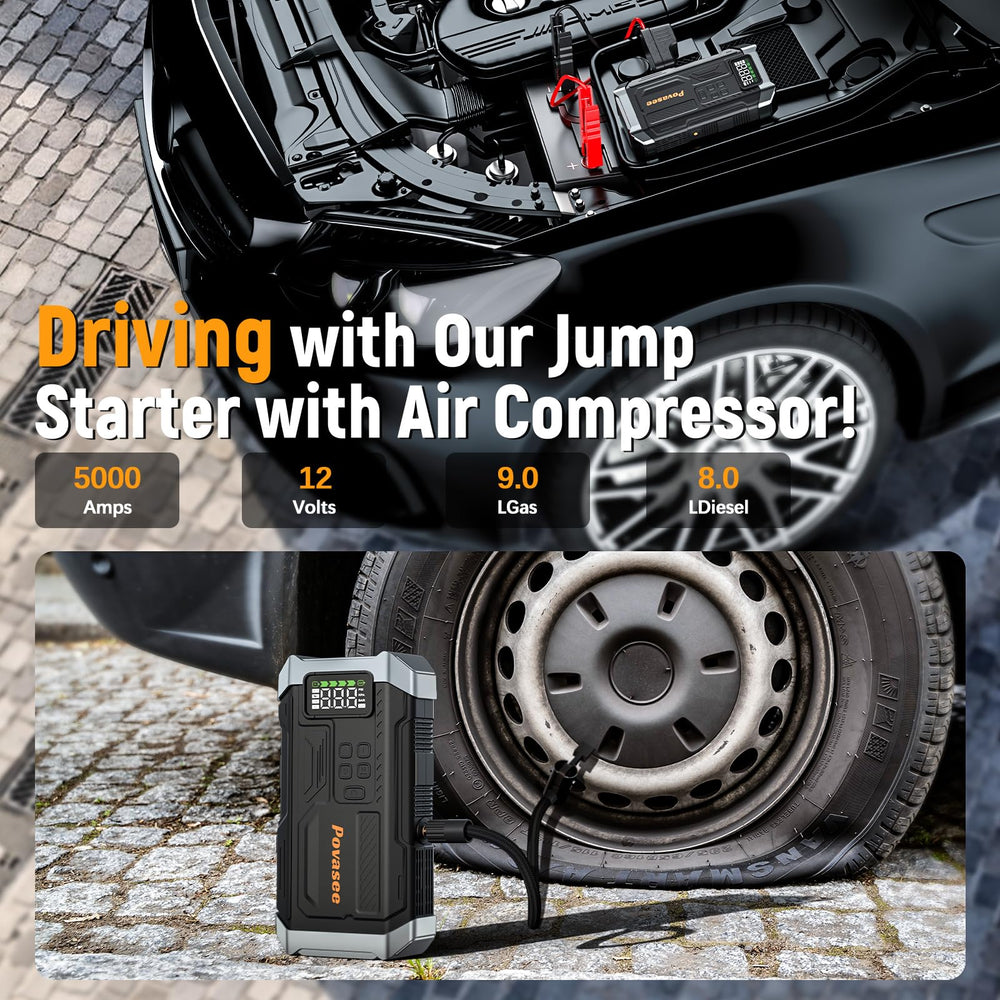 Povasee 5000A tire inflator at 150 PSI powering fast inflation