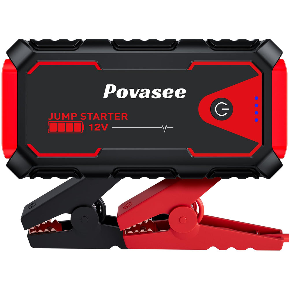Povasee Jump Starter 5000A front view shows compact form for easy storage