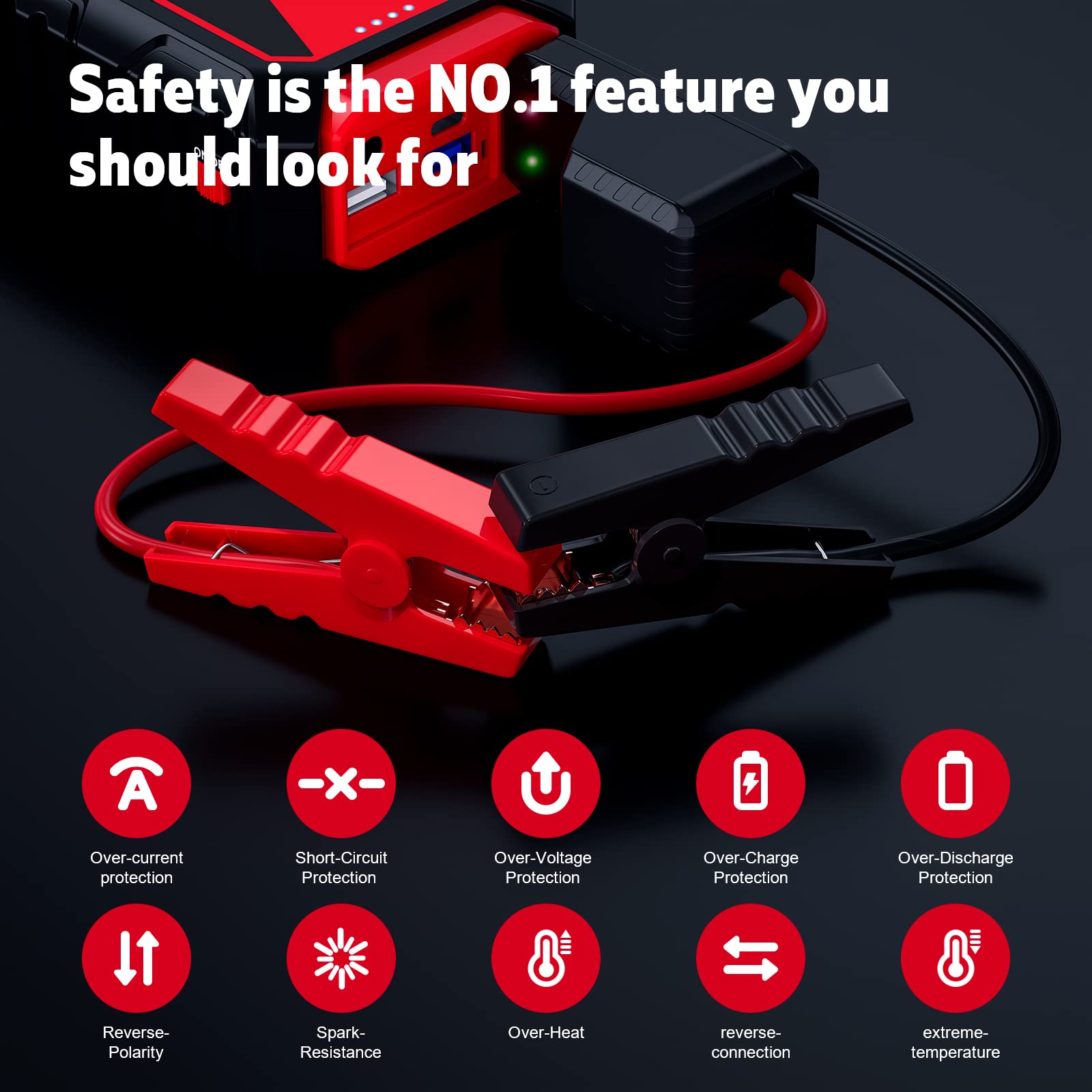 Povasee Jump Starter 5000A 400 lumen LED light for visibility at night