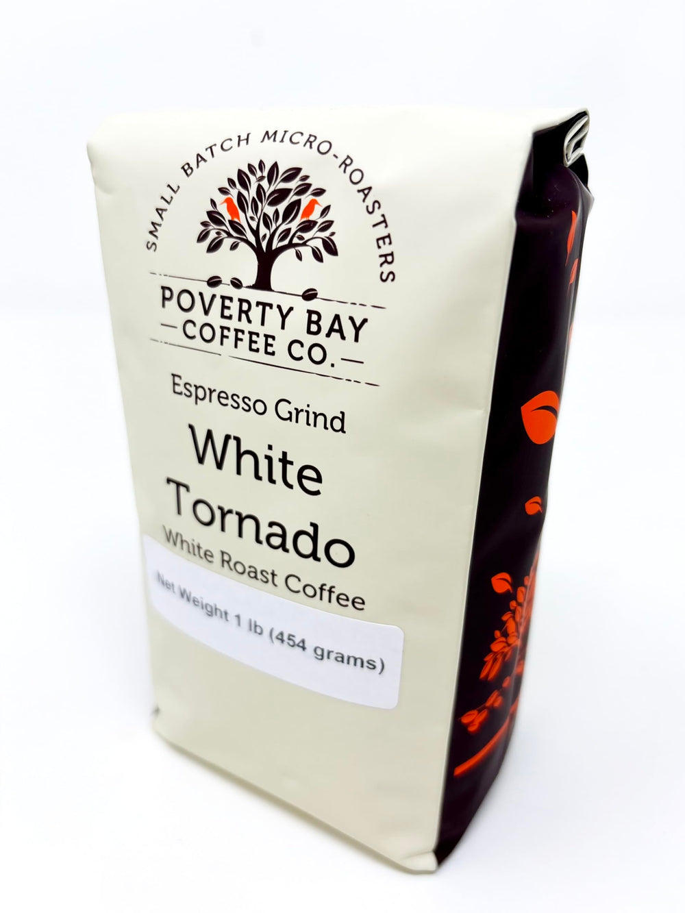 Poverty Bay White Coffee packaging label emphasizes small-batch craftsmanship.