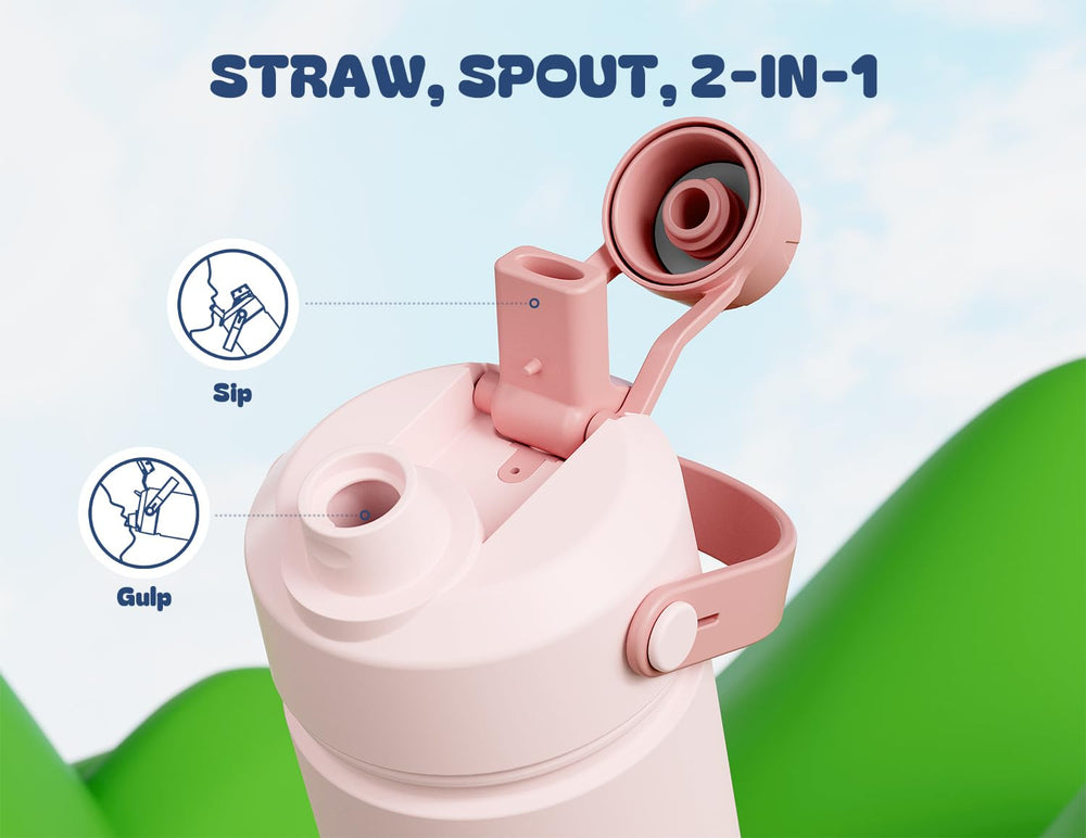 POWCAN Cotton Candy bottle 2-in-1 sip spout closeup for easy kid drinking.
