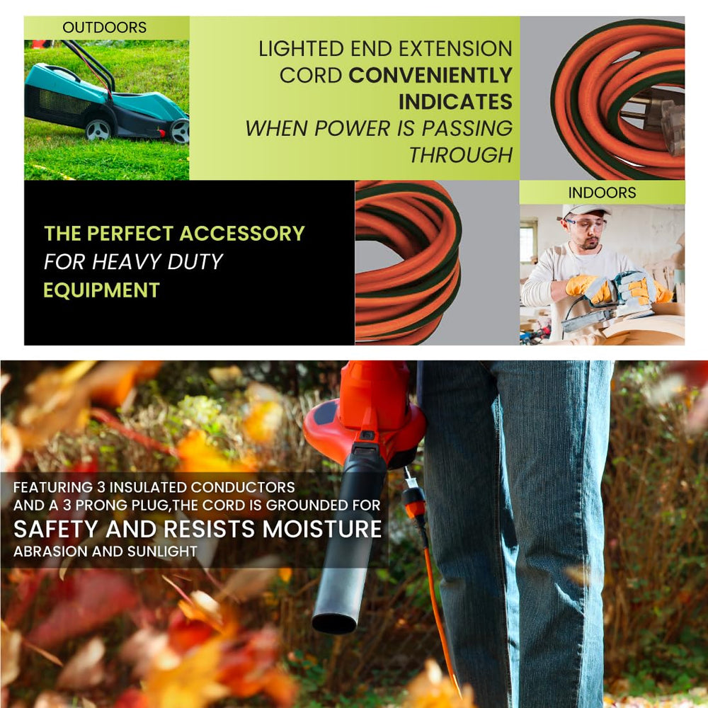 Power By GoGreen GG-13725 heavy-duty extension supporting lawn equipment and compressors