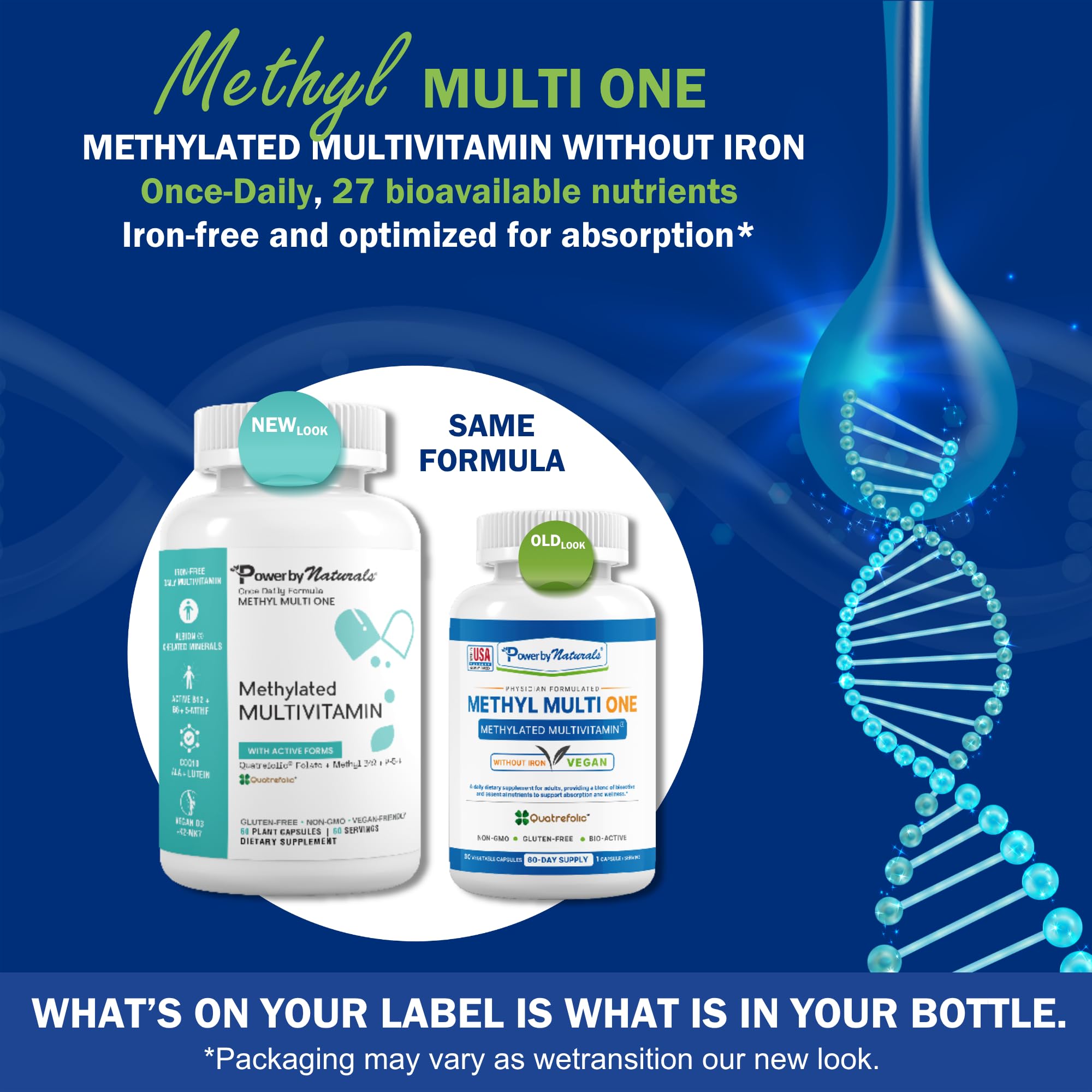Power By Naturals Methyl Multi One capsules closeup highlighting easy swallowing.