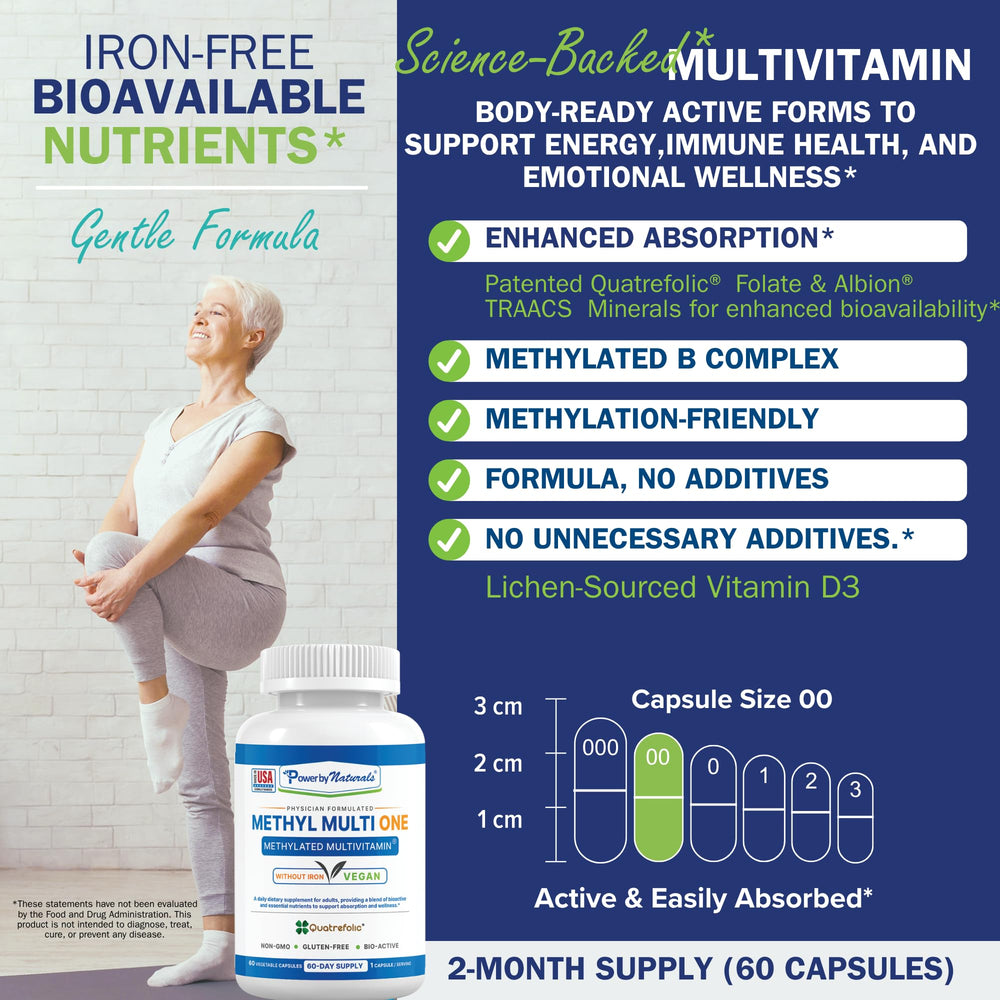 Power By Naturals Methyl Multi One with Quatrefolic folate for active support.