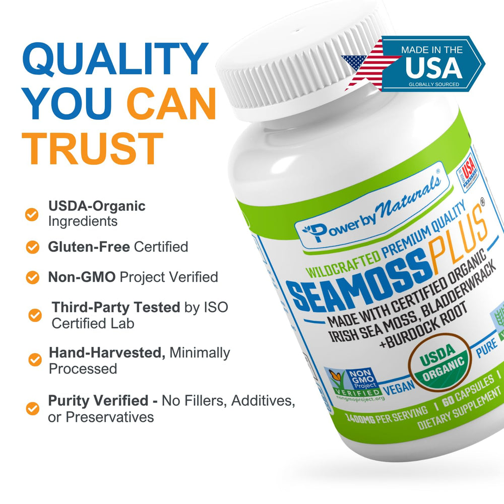Power By Naturals Sea Moss Plus bladderwrack 500mg close-up signals mineral content.