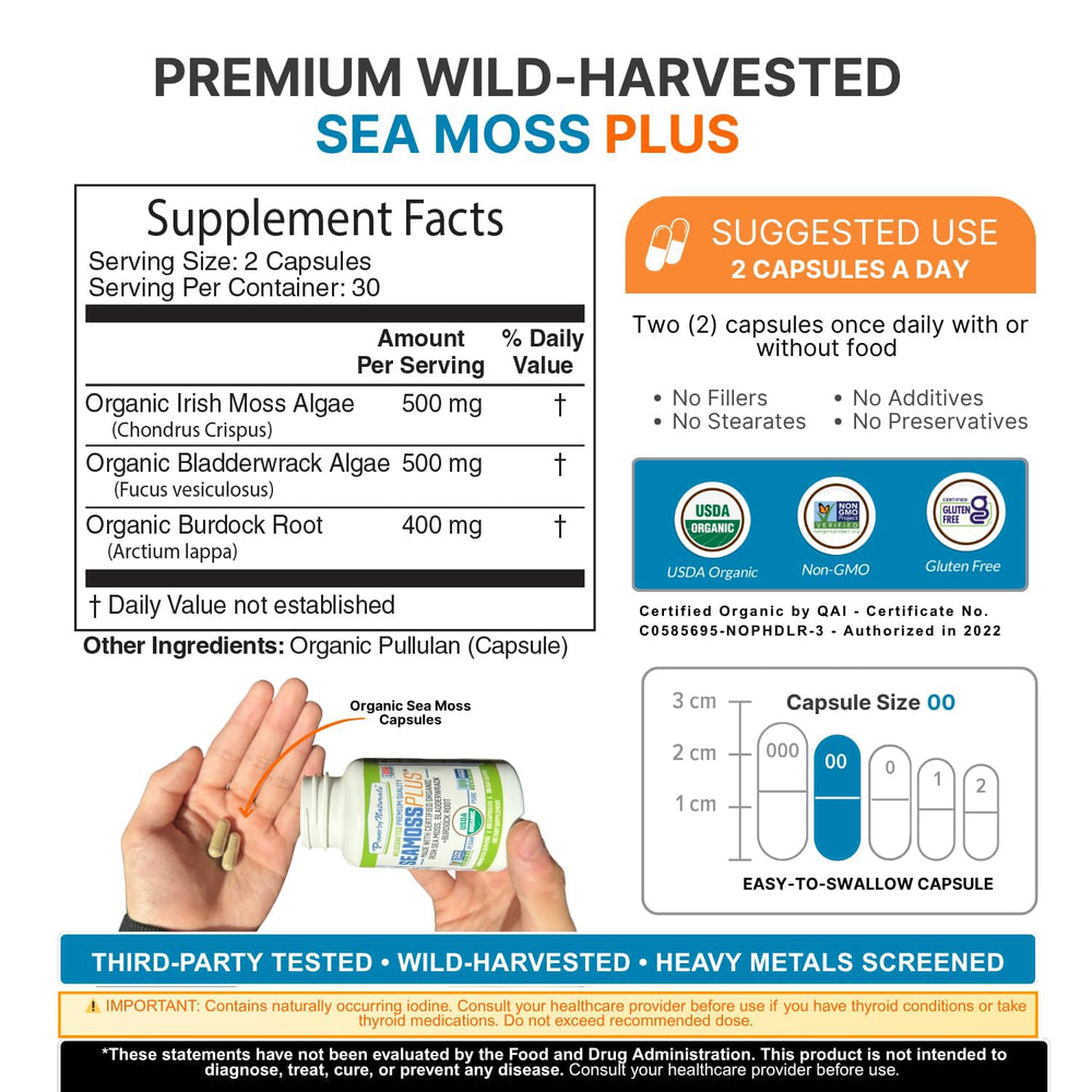 Power By Naturals Sea Moss Plus bottle back reveals ingredients and third-party testing details.