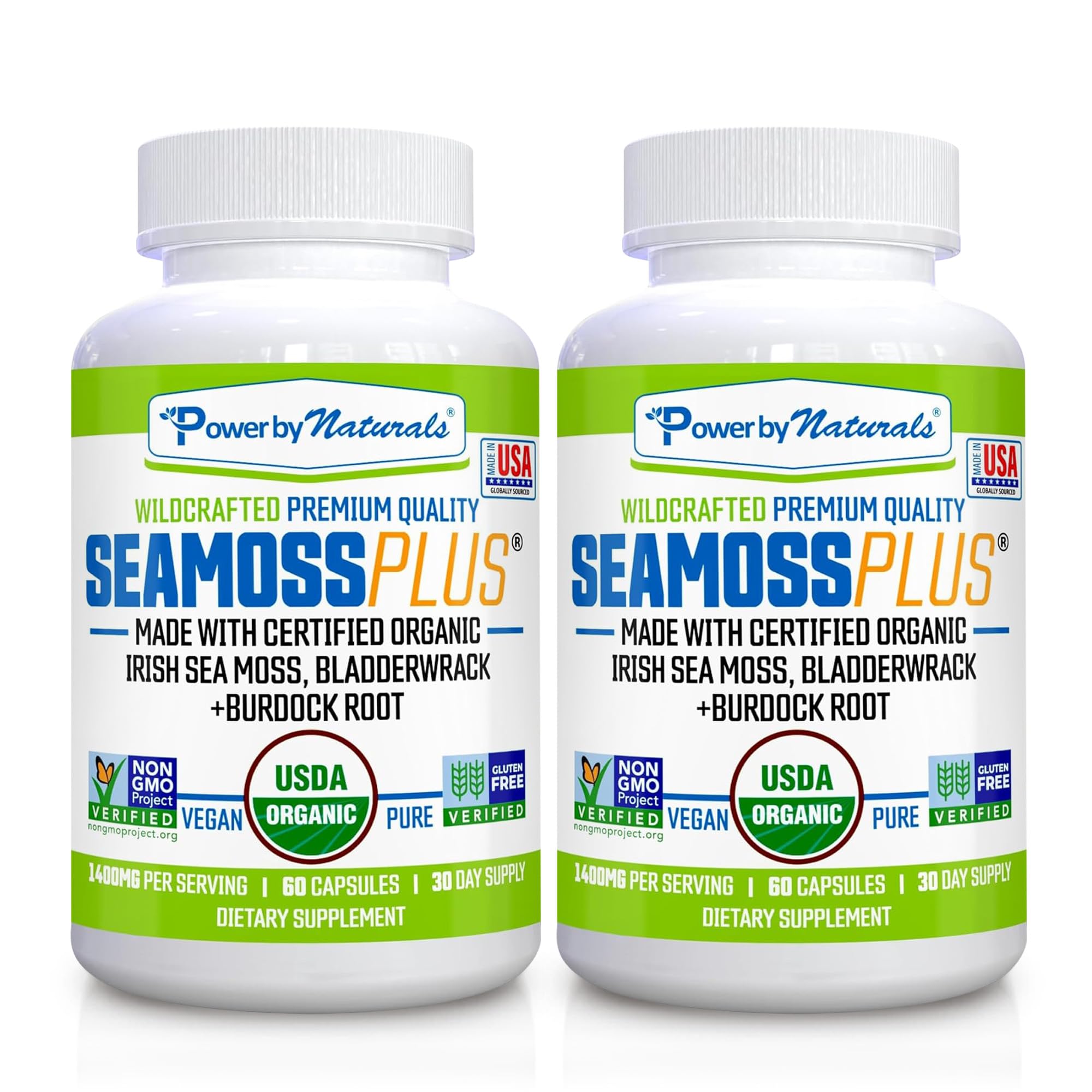 Power By Naturals Sea Moss Plus bottle with capsules for daily immune wellness.