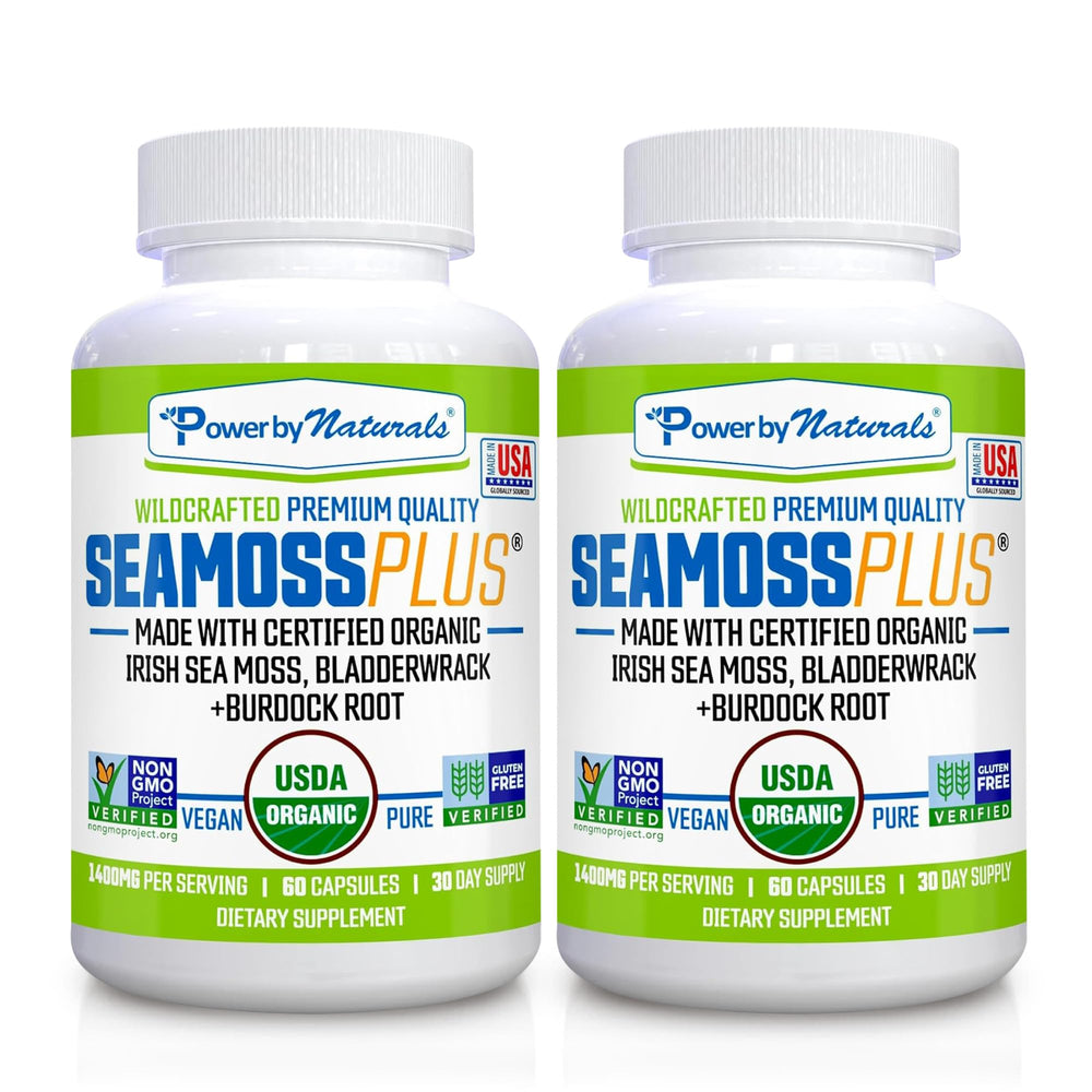 Power By Naturals Sea Moss Plus bottle with capsules for daily immune wellness.