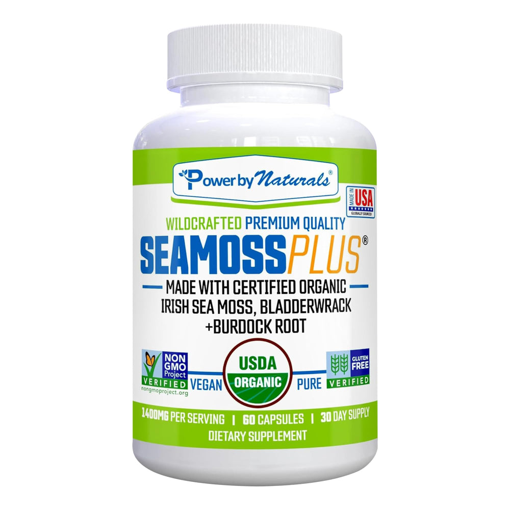 Power By Naturals Sea Moss Plus bottle front shows a vegan, gluten-free wellness option.