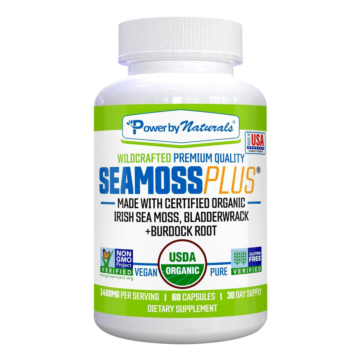 Power By Naturals Sea Moss Plus bottle front shows a vegan, gluten-free wellness option.