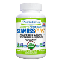 Power By Naturals Sea Moss Plus bottle front shows a vegan, gluten-free wellness option.