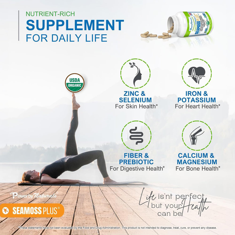 Power By Naturals Sea Moss Plus burdock root 400mg detail suggests grounding properties.