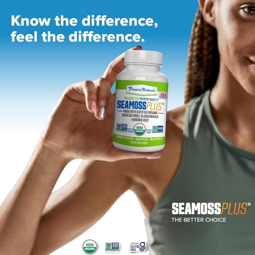 Power By Naturals Sea Moss Plus gluten-free badge communicates clean ingredients.