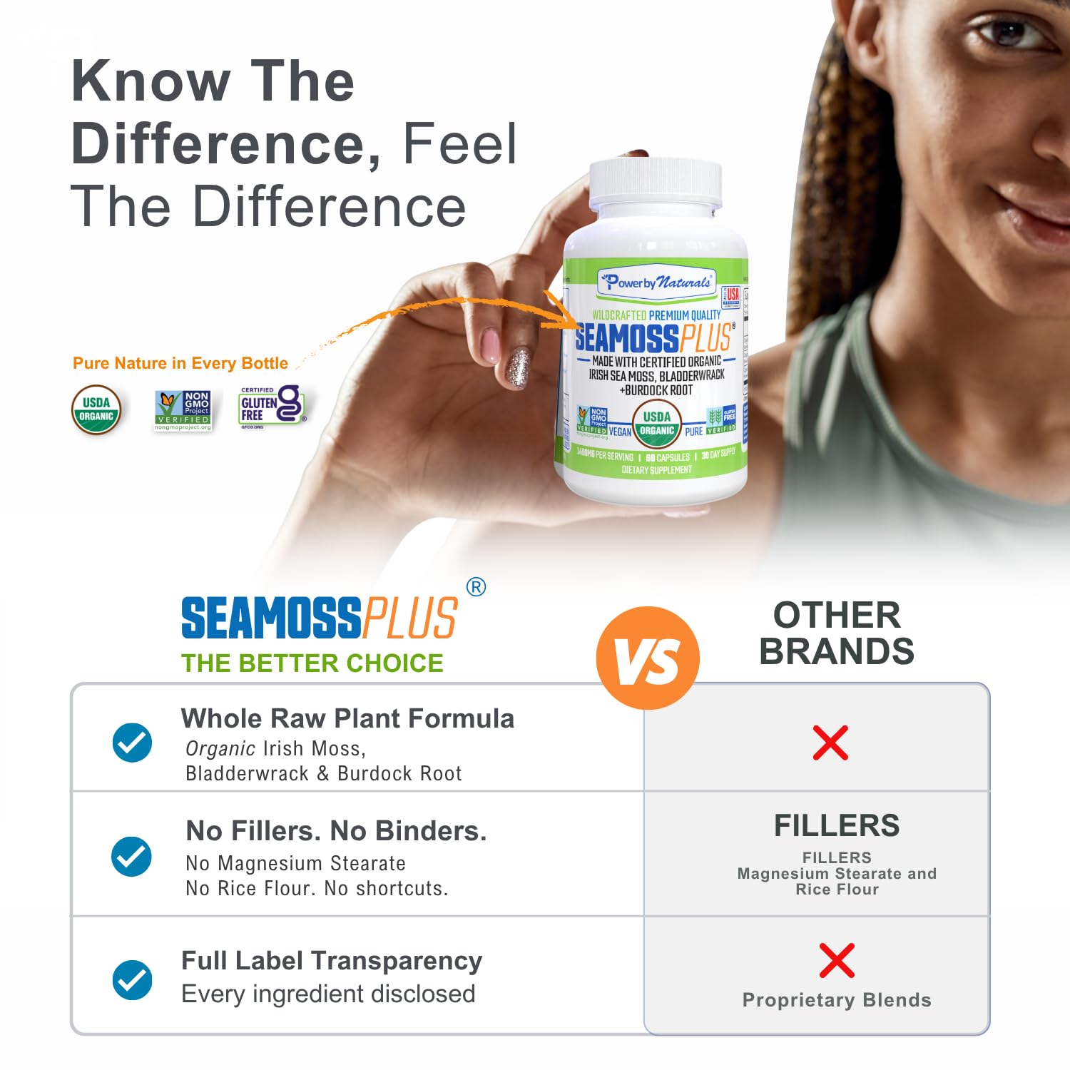 Power By Naturals Sea Moss Plus label emphasizes organic blend and purity.