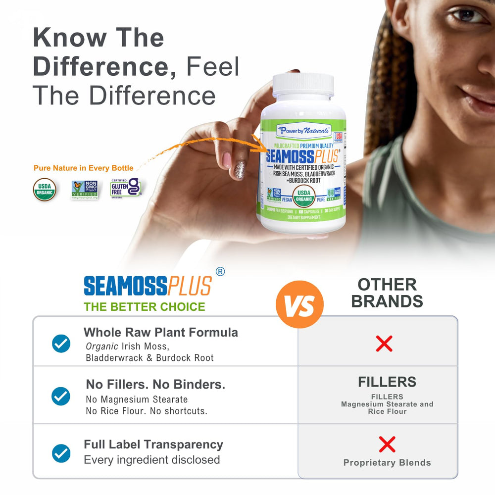 Power By Naturals Sea Moss Plus label emphasizes organic blend and purity.