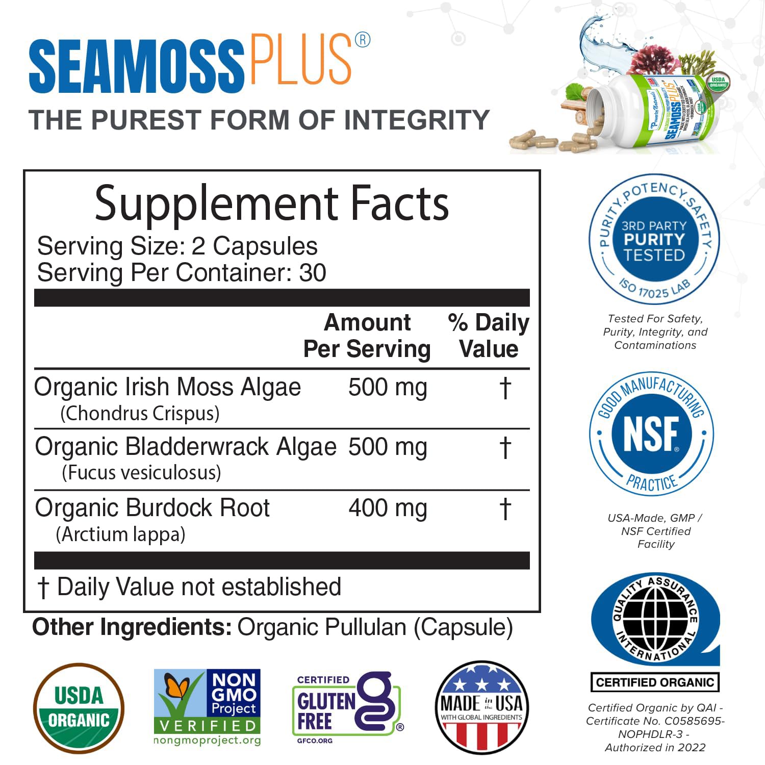 Power By Naturals Sea Moss Plus label highlights organic Irish sea moss and bladderwrack.