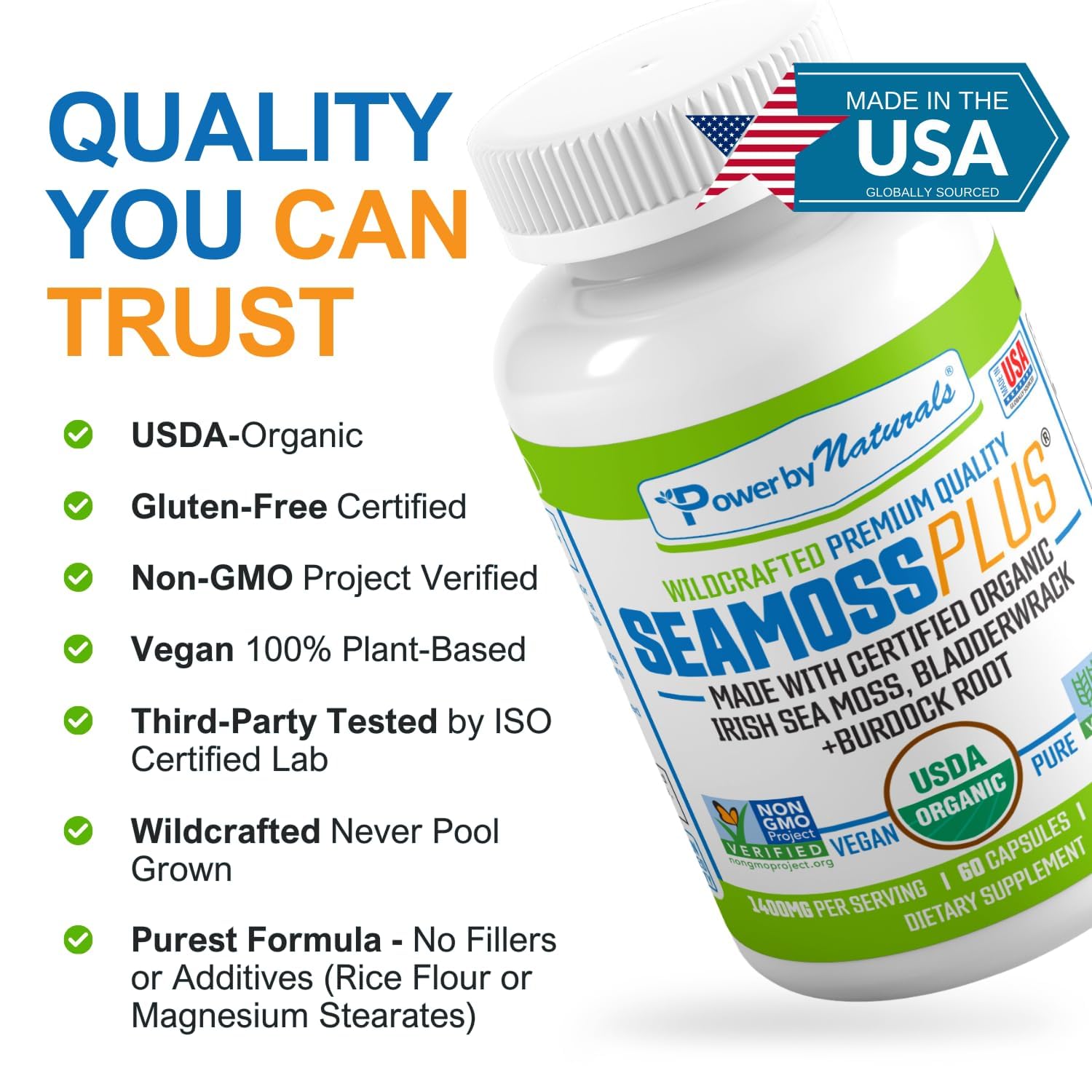 Power By Naturals Sea Moss Plus manufactured in the USA with third-party testing.