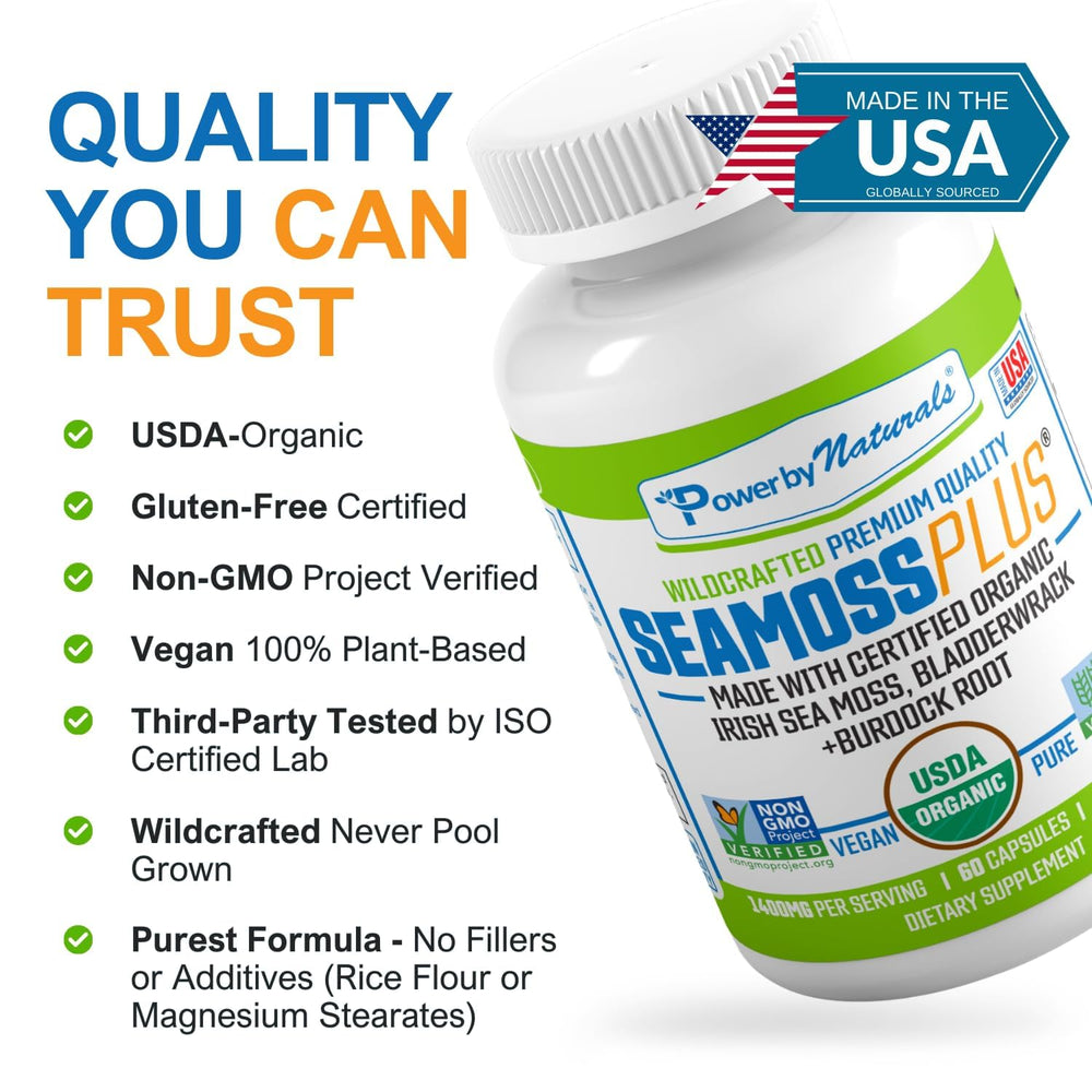 Power By Naturals Sea Moss Plus manufactured in the USA with third-party testing.