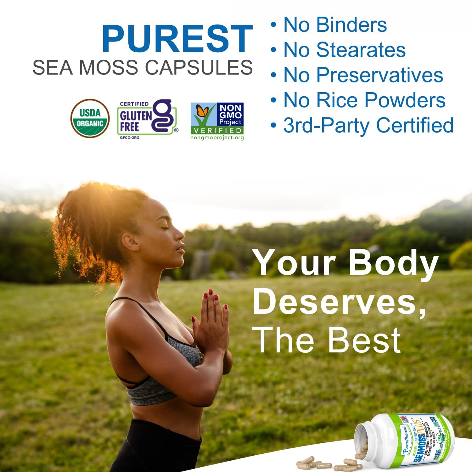 Open Power By Naturals Sea Moss Plus capsules to mix into smoothies.