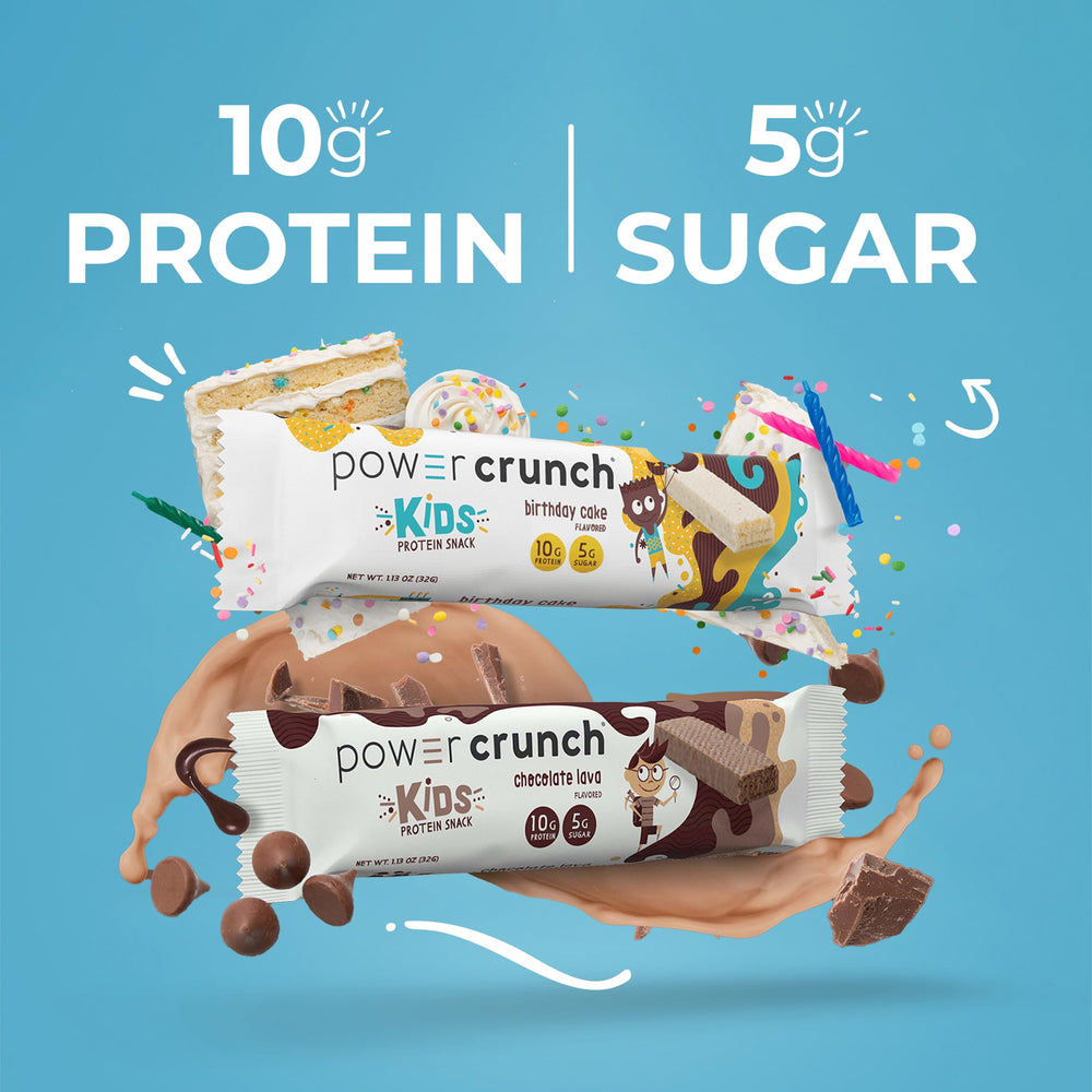 Power Crunch Birthday Cake Kids bar with colorful packaging and protein.