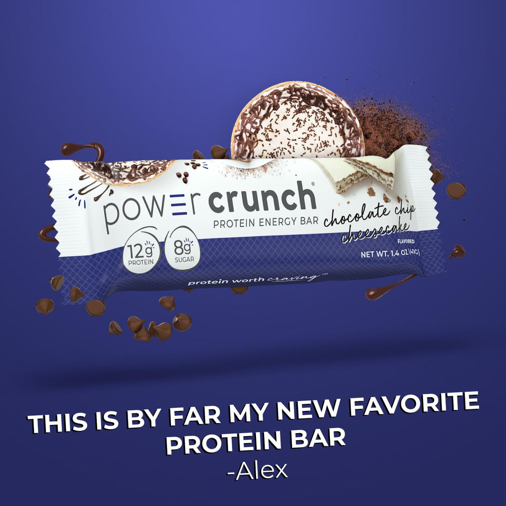 Power Crunch Chocolate Chip Cheesecake break room, quick nutrition in hand.