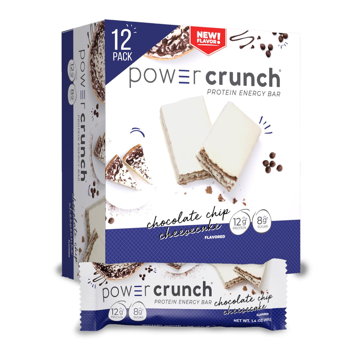 Power Crunch Chocolate Chip Cheesecake package front, convenient protein snack.