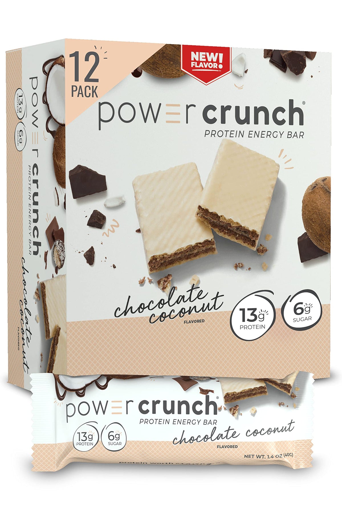 Power Crunch Chocolate Coconut bar front view, ideal on-the-go protein snack.