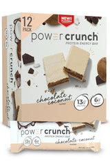 Power Crunch Chocolate Coconut bar front view, ideal on-the-go protein snack.