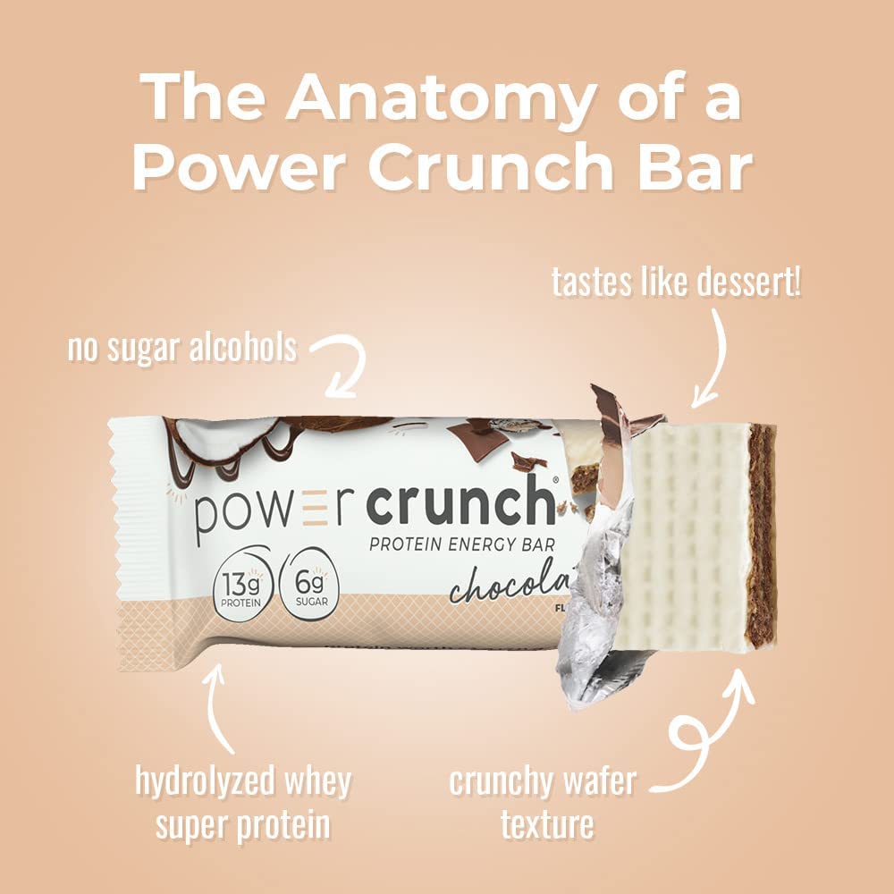 Power Crunch Chocolate Coconut bar on kitchen counter, convenient protein boost.
