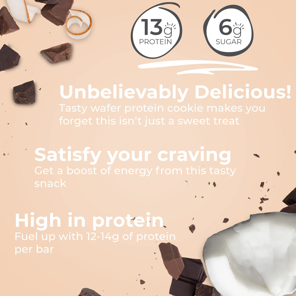 Power Crunch bar packaging shows chocolate coconut flavor, great anytime snack.