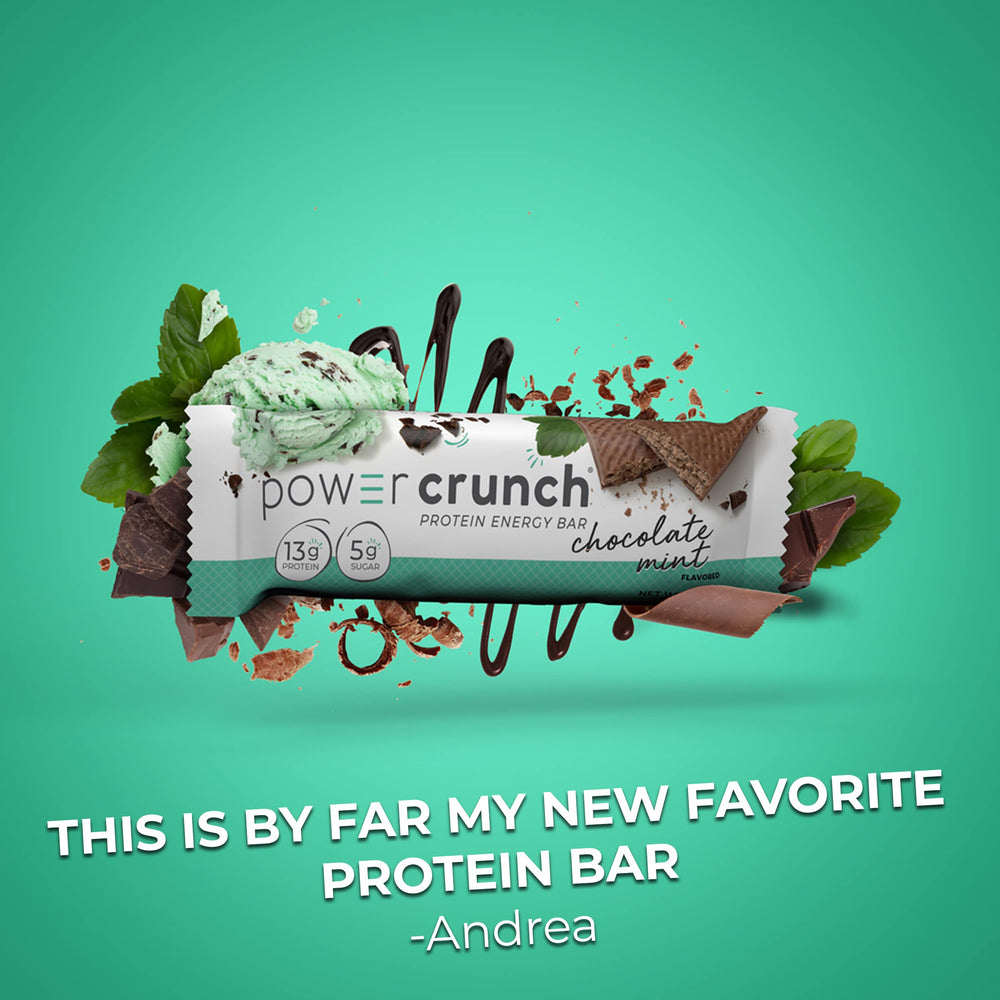Power Crunch Chocolate Mint bar lunchbox scene emphasizes a balanced, satisfying snack.