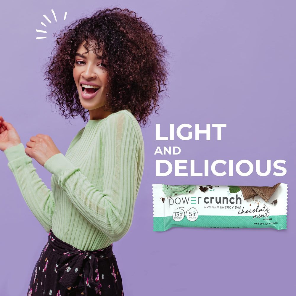 Power Crunch Chocolate Mint bar nutrition panel conveys protein-packed option without excess sugar.