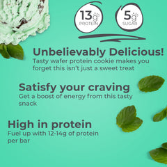 Power Crunch Chocolate Mint bar wafer closeup highlights crispy layers and minty chocolate flavor.