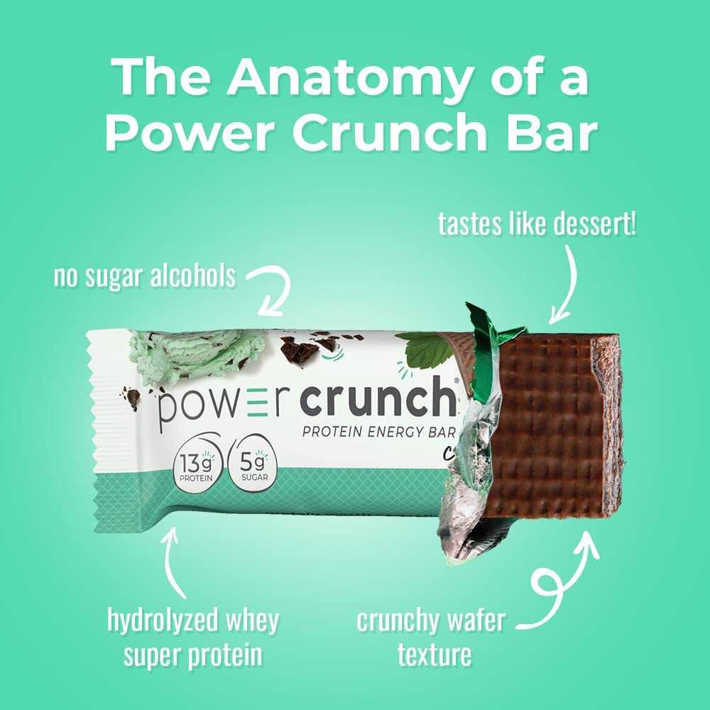 Power Crunch Chocolate Mint bar wrapper image signals portion control and quick indulgence.