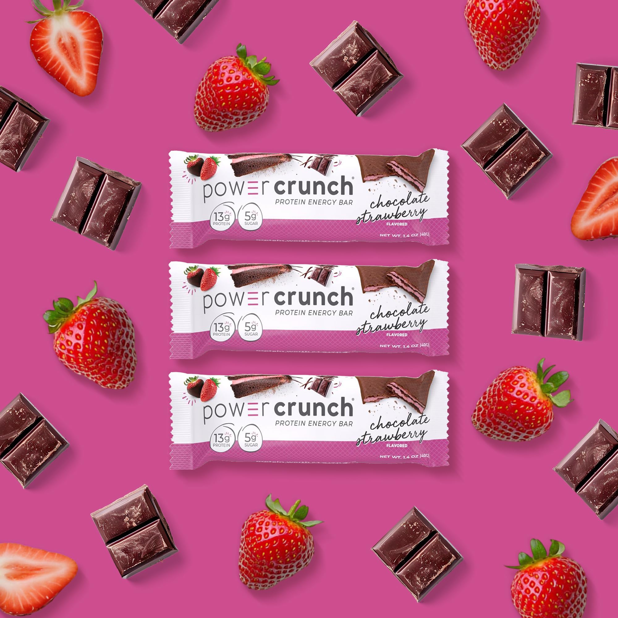 Power Crunch chocolate strawberry wafer close-up showing layers and filling.