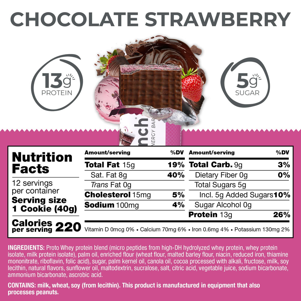 Power Crunch Chocolate Strawberry bar side view shows wafer texture.