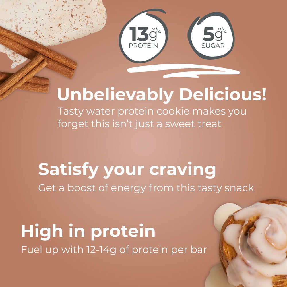 Power Crunch Cinnamon Roll bar closeup showing layered wafers and cinnamon glaze