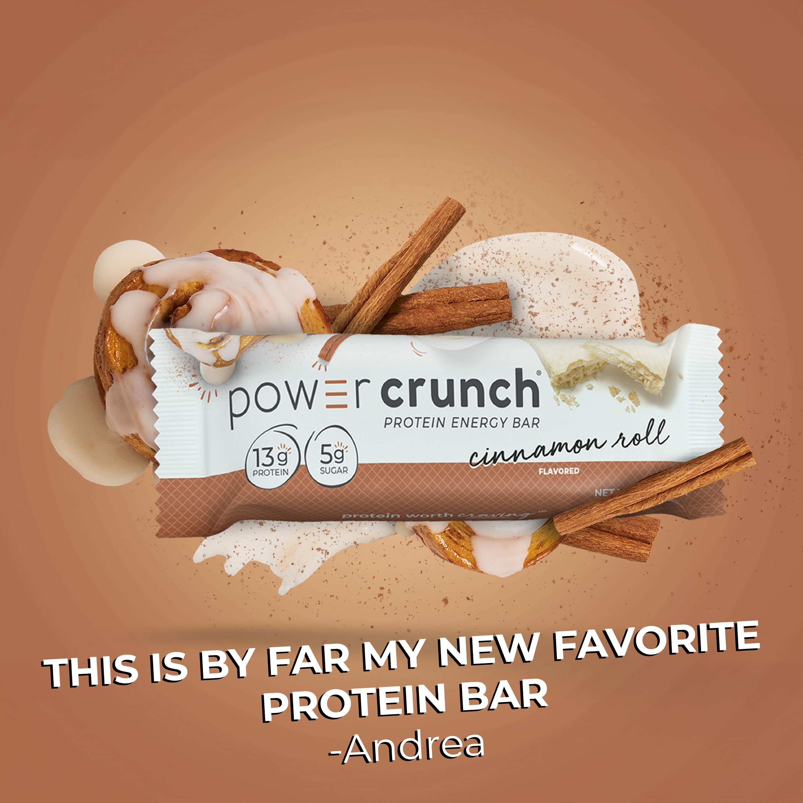 Power Crunch Cinnamon Roll nutrition label highlights 13g protein per bar